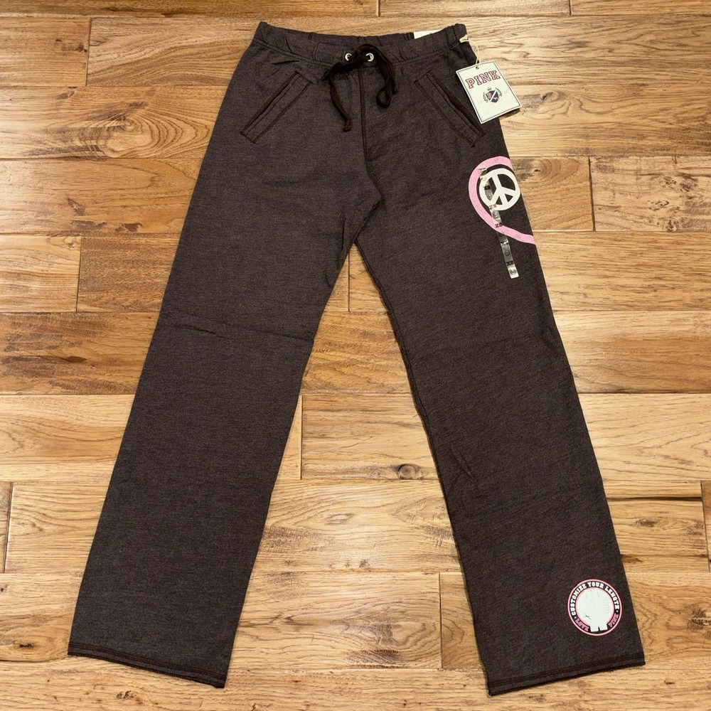 NWT Y2K Victoria's Secret PINK Brown Peace Sign Flare Lounge Pants Deadstock XS